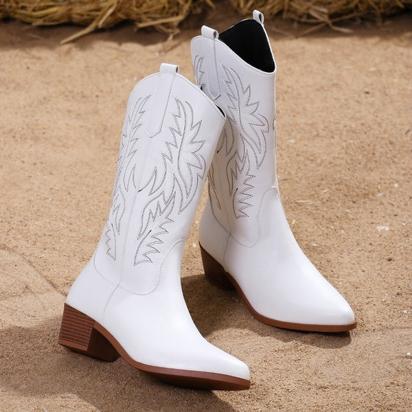 Women's cowboy boots with tonal western embroidery, pointed toe and block heel - white