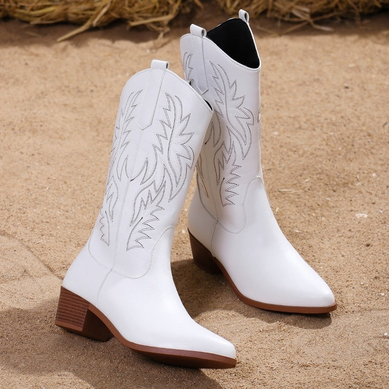 Women's cowboy boots with tonal western embroidery, pointed toe and block heel - view 18