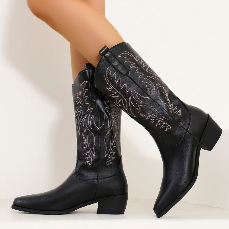 Women's cowboy boots with tonal western embroidery, pointed toe and block heel - view 19