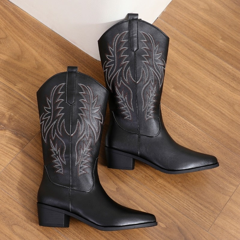 Women's cowboy boots with tonal western embroidery, pointed toe and block heel - black