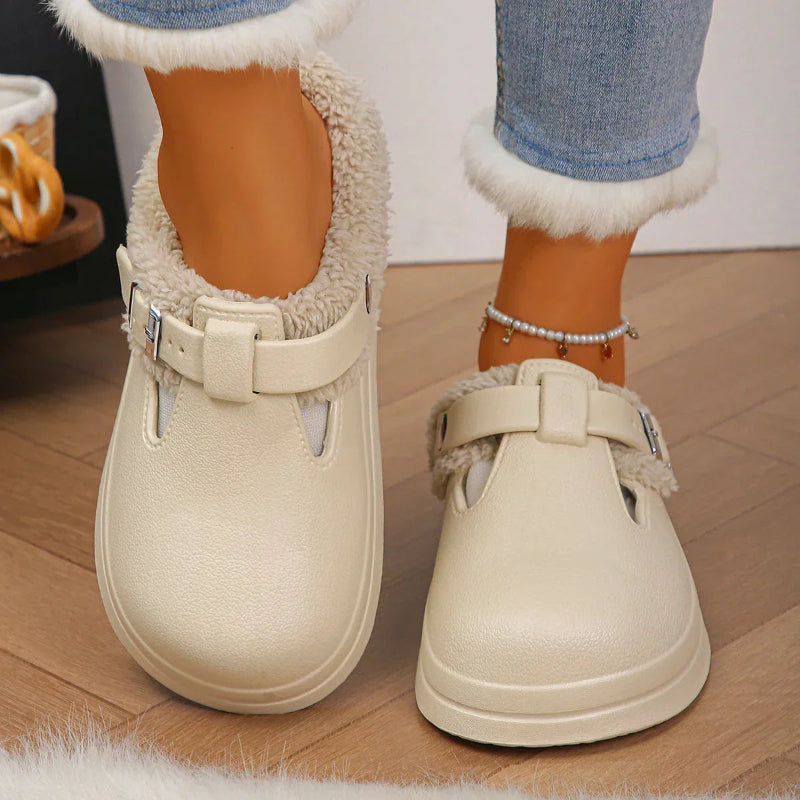 Women's EVA clog slippers with an adjustable buckle strap, plush lining and open back