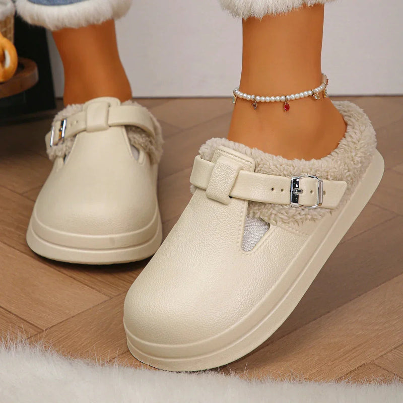 Women's EVA clog slippers with an adjustable buckle strap, plush lining and open back - beige