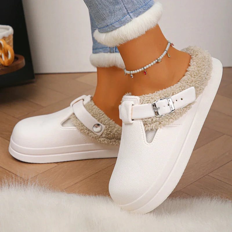 Women's EVA clog slippers with an adjustable buckle strap, plush lining and open back - white