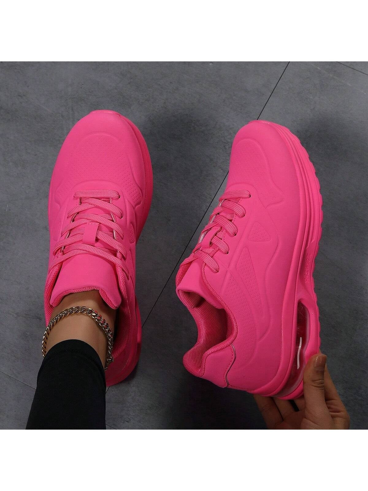 Faux leather lace-up trainers for women with chunky tread and visible air cushion in the heel - fuchsia