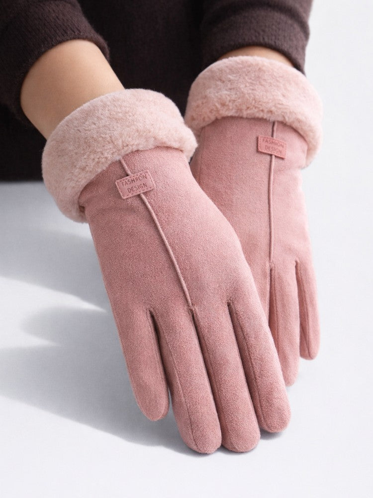 Women's faux suede winter gloves with fleece lining and a plush cuff - pink