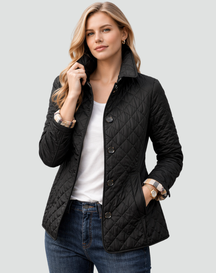 Women's fitted quilted jacket with a flat collar, button front and slip pockets - black