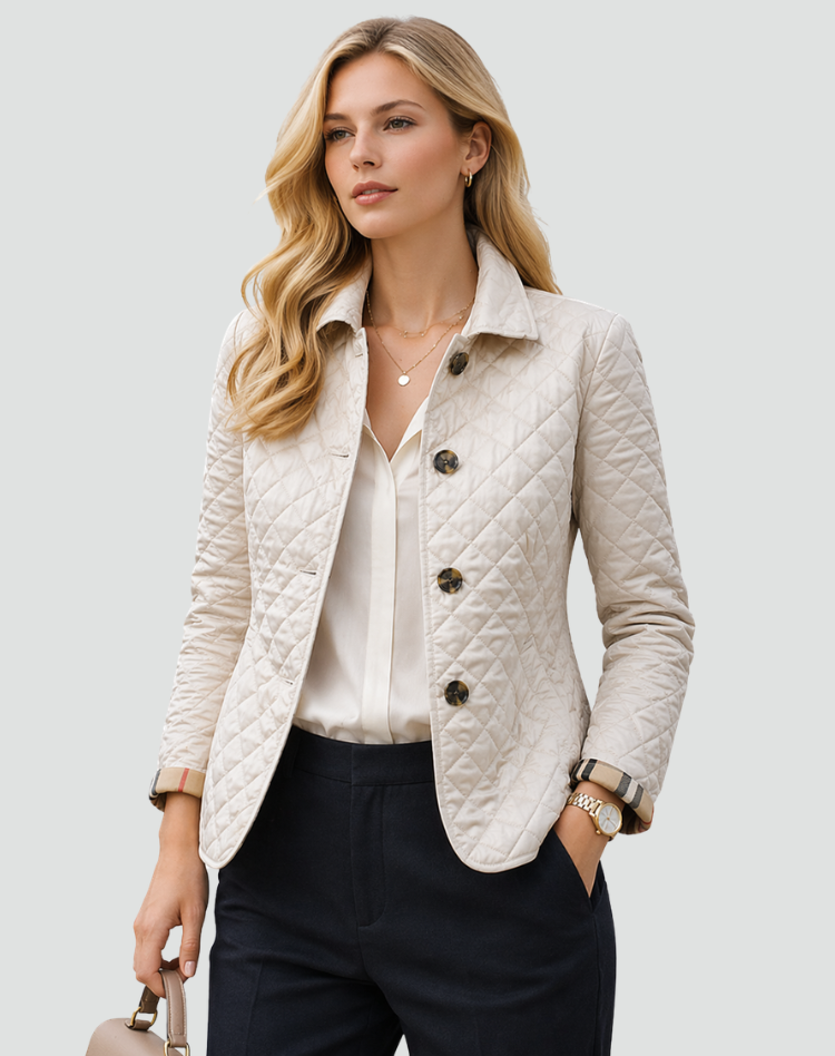 Women's fitted quilted jacket with a flat collar, button front and slip pockets - ecru