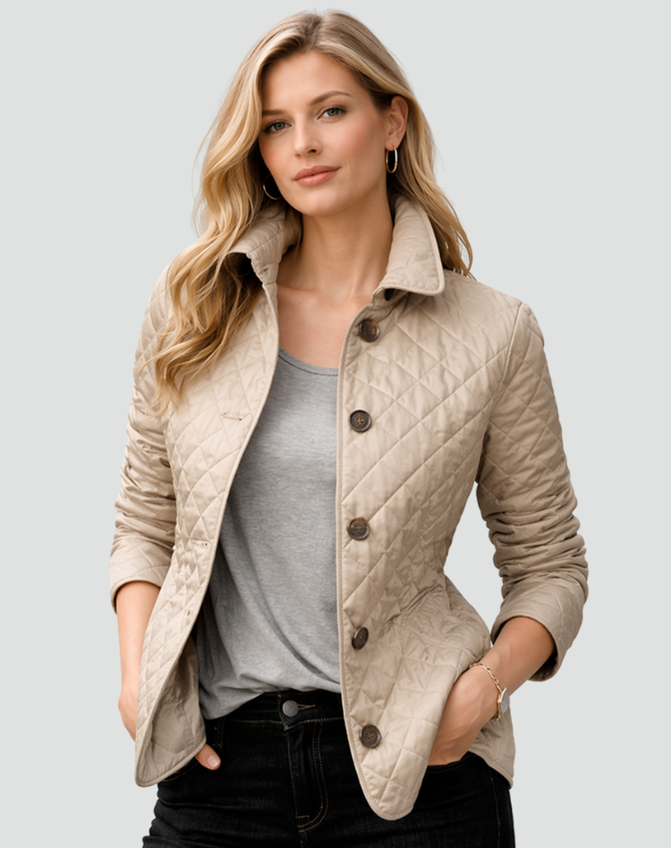 Women's fitted quilted jacket with a flat collar, button front and slip pockets - sand