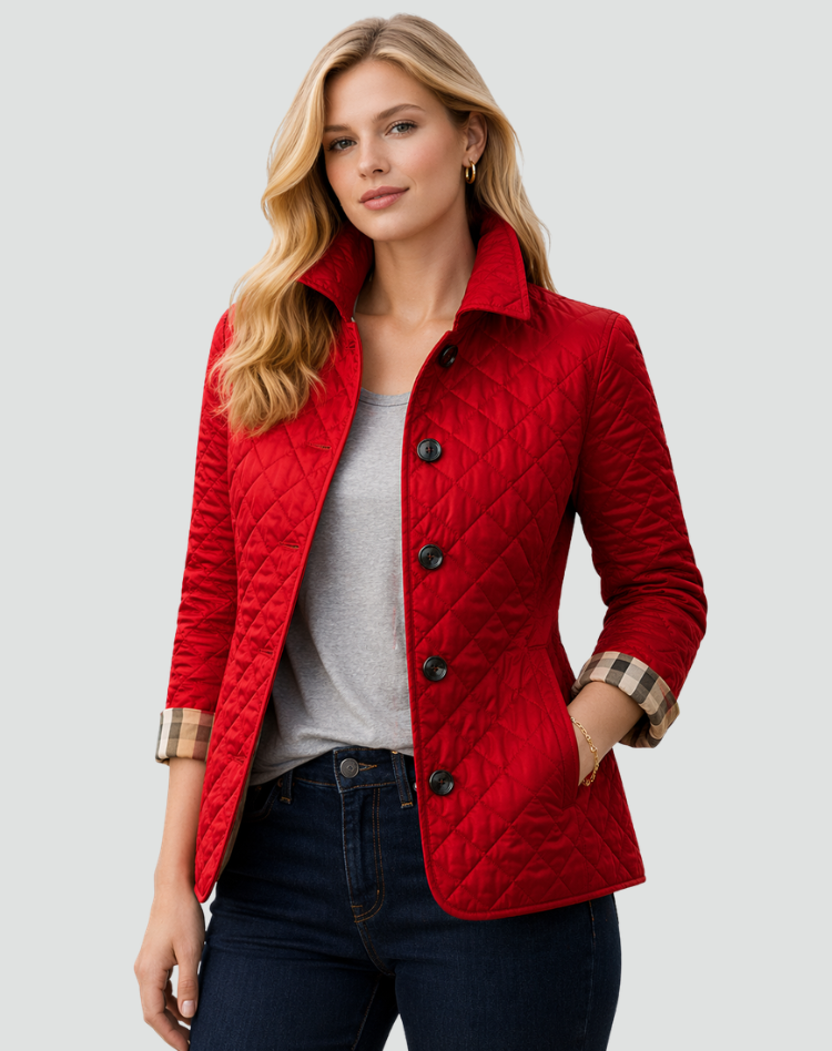 Women's fitted quilted jacket with a flat collar, button front and slip pockets - red