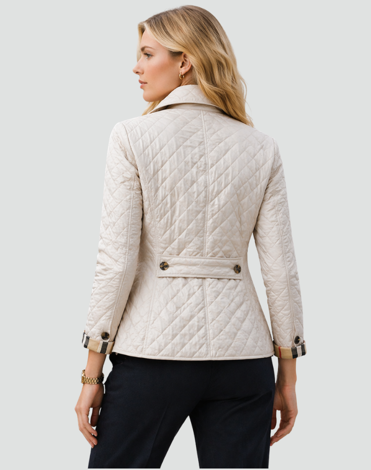 Women's fitted quilted jacket with a flat collar, button front and slip pockets