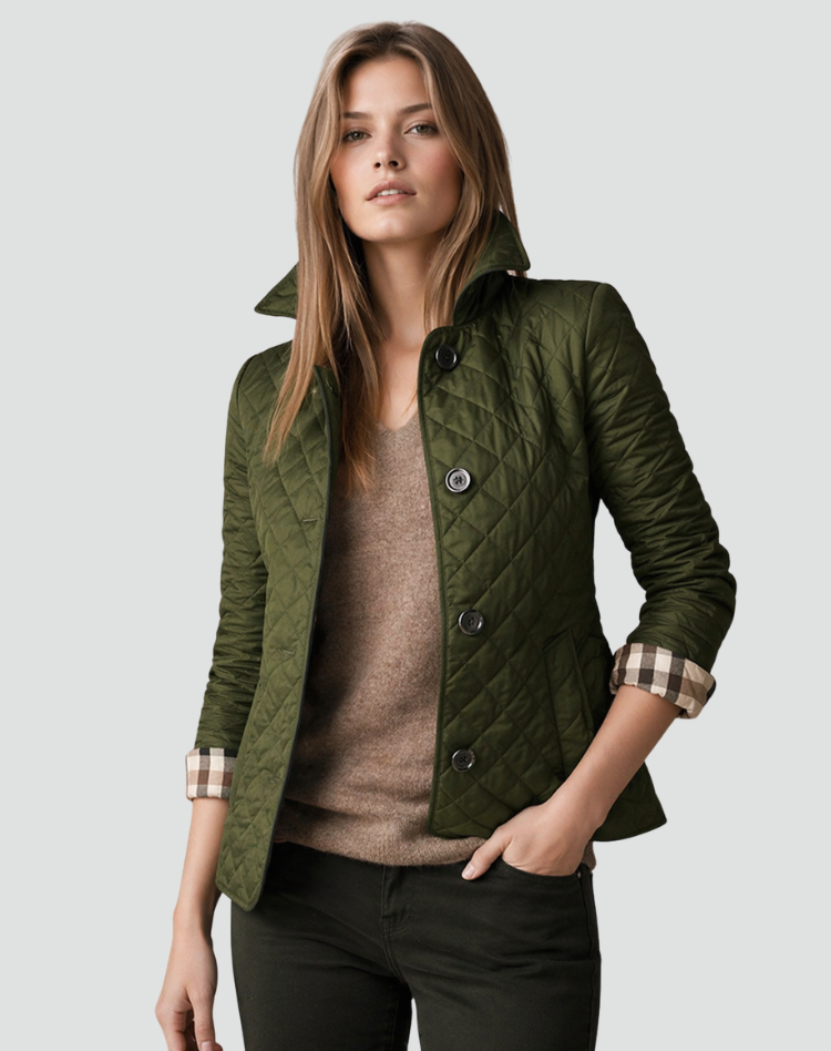 Women's fitted quilted jacket with a flat collar, button front and slip pockets - olive
