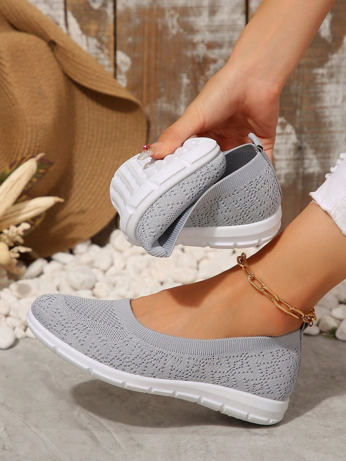 Flat knit shoes for women with low slip-on cut, heel pull tab and flexible tread sole - view 9