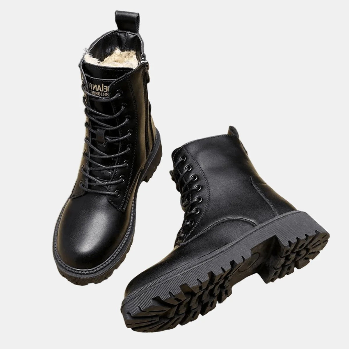 Women's fleece-lined combat boots with laces, a side zip and a lug sole - view 2