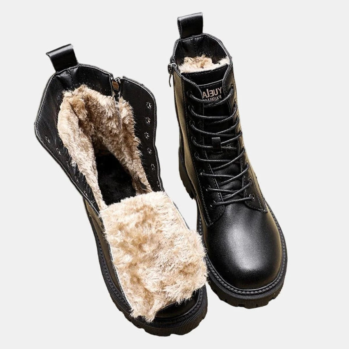 Women's fleece-lined combat boots with laces, a side zip and a lug sole - view 3