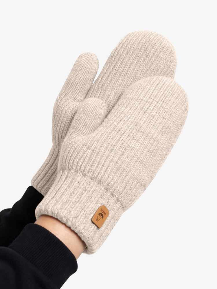 Women's knitted mittens with fleece lining and a long ribbed cuff - beige
