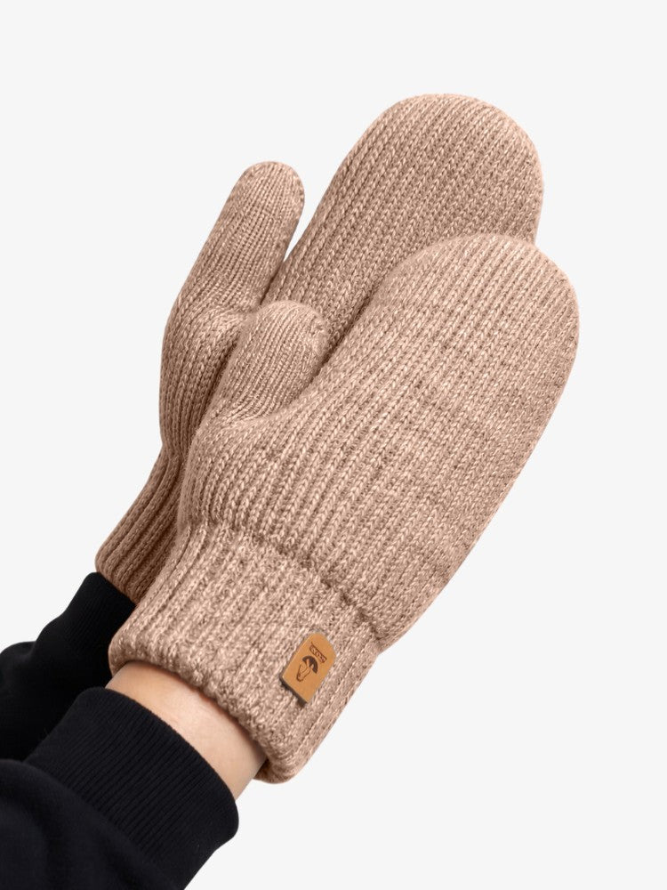 Women's knitted mittens with fleece lining and a long ribbed cuff - light brown