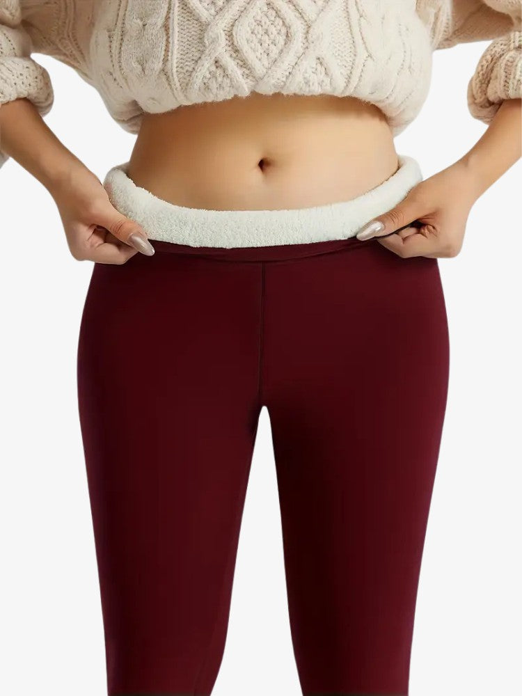 Women's fleece-lined leggings with teddy lining and a high waistband - burgundy