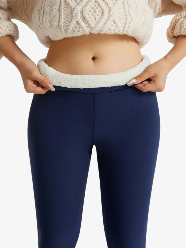 Women's fleece-lined leggings with teddy lining and a high waistband - navy