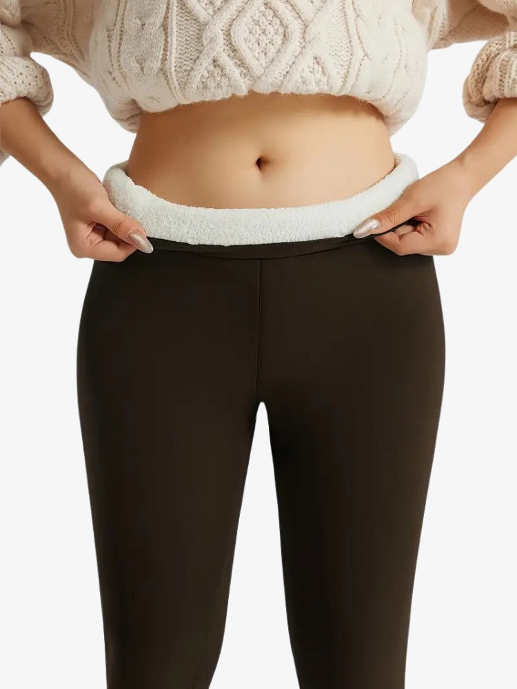 Women's fleece-lined leggings with teddy lining and a high waistband - dark brown