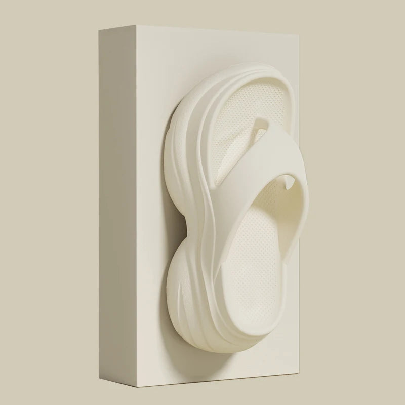 Flip flops with a wavy platform sole and raised toe rim - cream