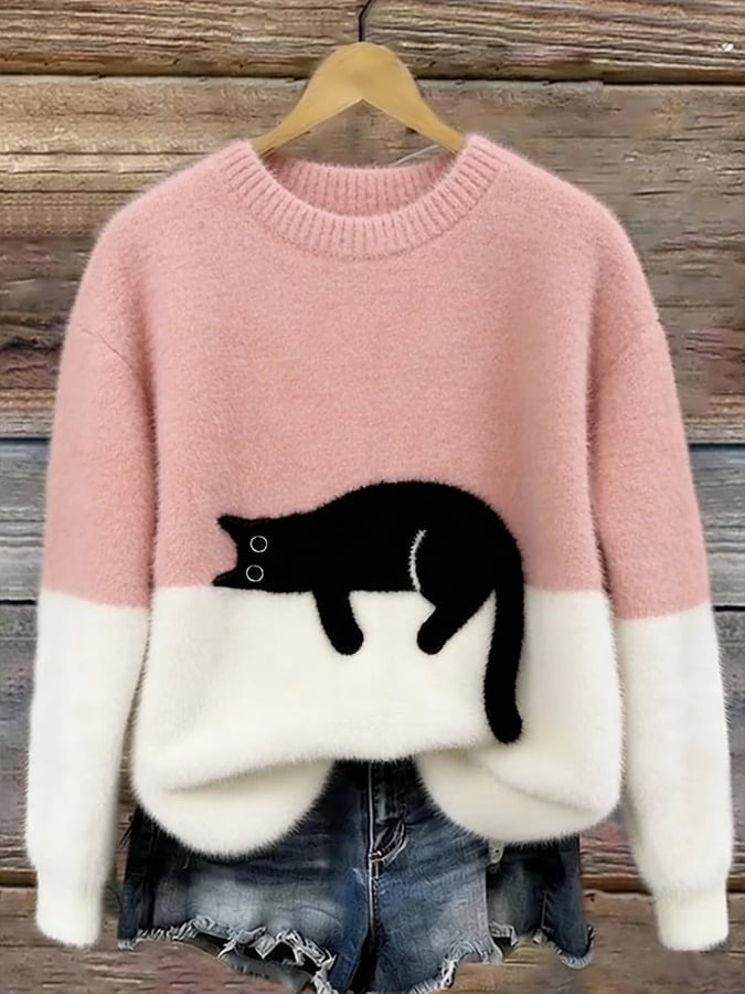 Women's fluffy jumper with a black cat print and a cream lower half - pink