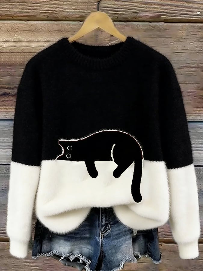 Women's fluffy jumper with a black cat print and a cream lower half - black