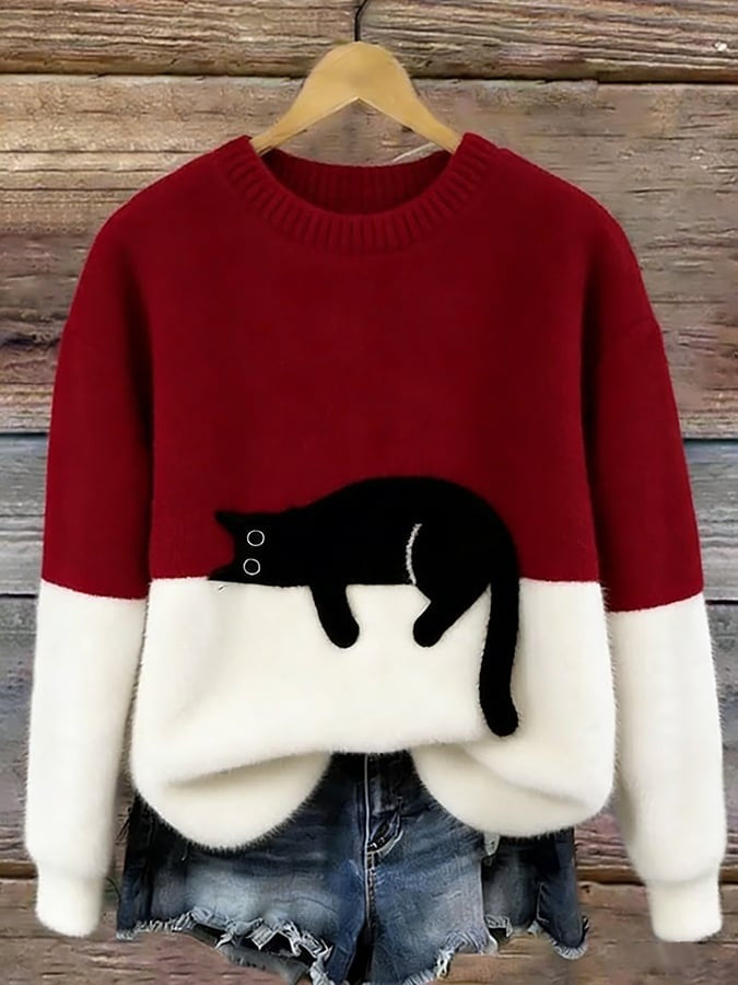 Women's fluffy jumper with a black cat print and a cream lower half - red
