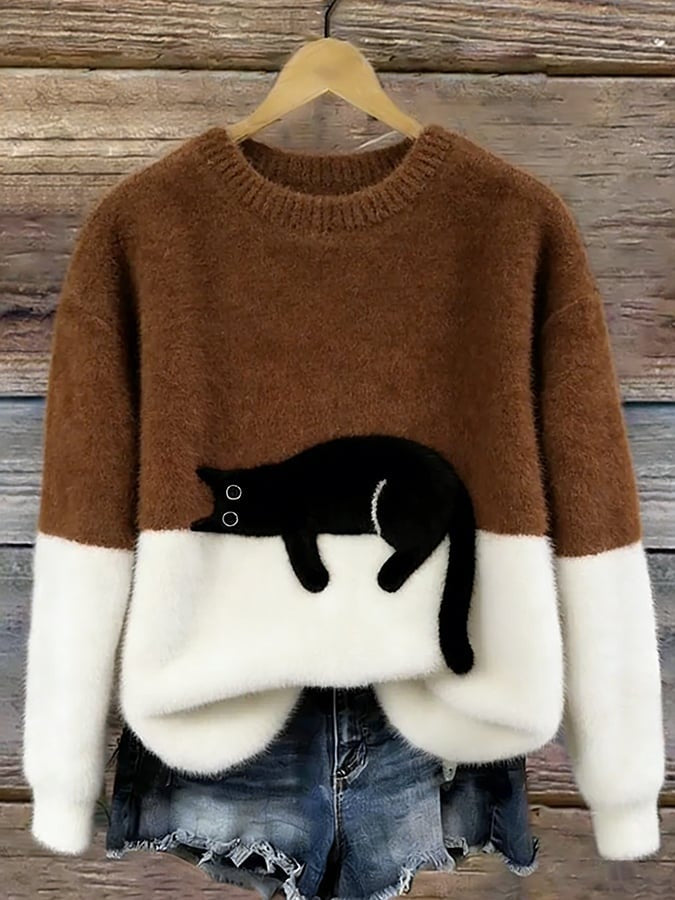Women's fluffy jumper with a black cat print and a cream lower half - brown
