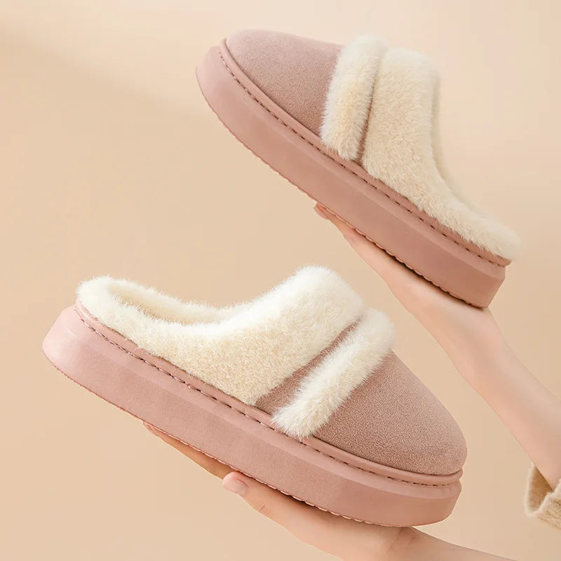 Fluffy mule slippers in a suede look with a wide plush band, open heel and thick sole