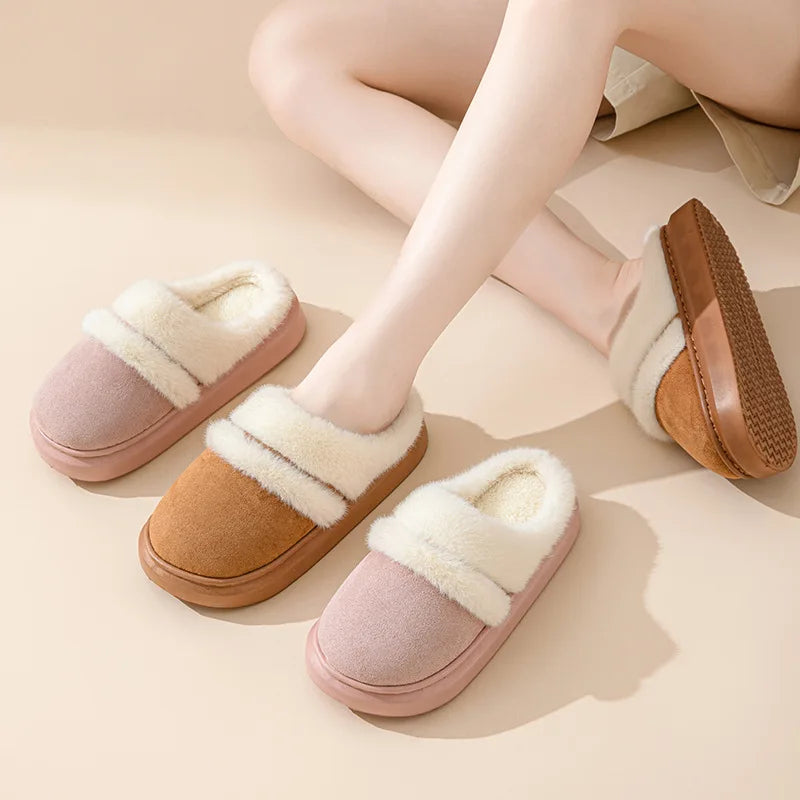 Fluffy mule slippers in a suede look with a wide plush band, open heel and thick sole - view 3