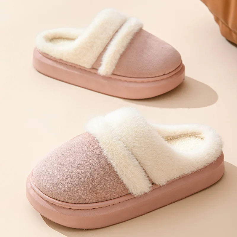 Fluffy mule slippers in a suede look with a wide plush band, open heel and thick sole - pink
