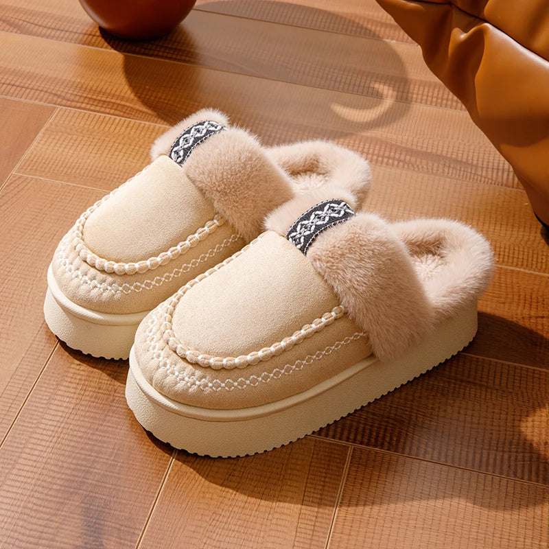 Women's fluffy slippers with a plush band, woven trim and platform sole - beige