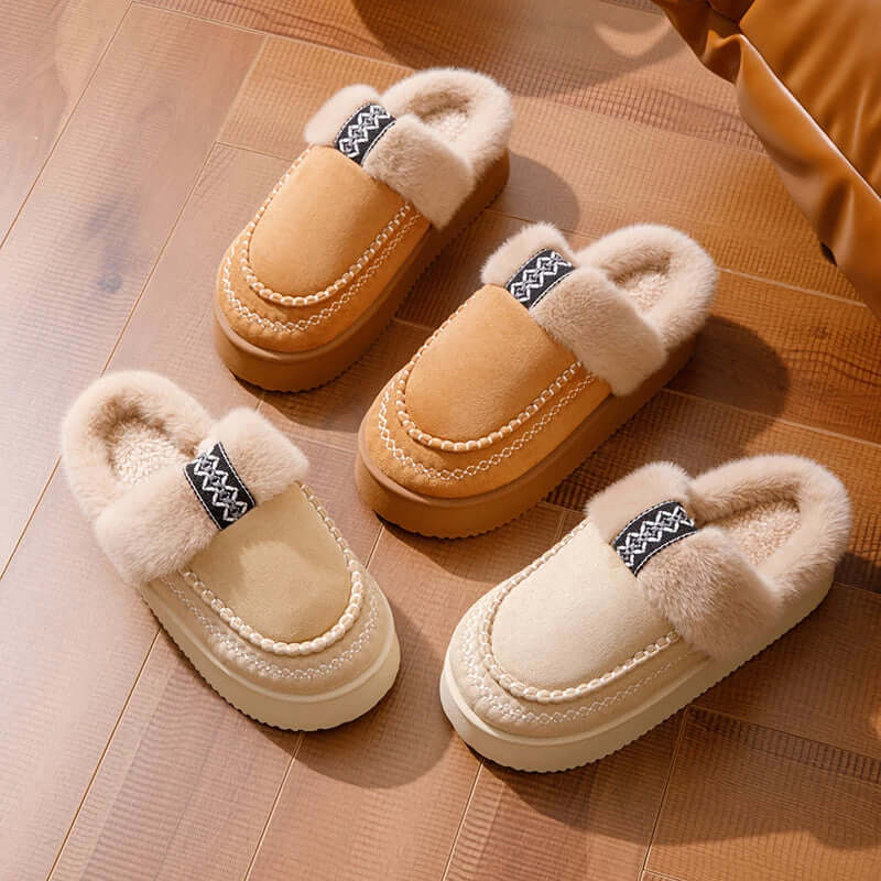 Women's fluffy slippers with a plush band, woven trim and platform sole - view 4