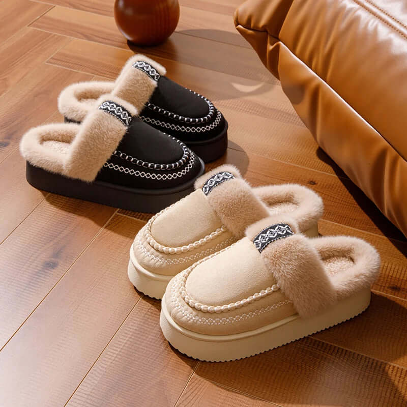 Women's fluffy slippers with a plush band, woven trim and platform sole - view 5