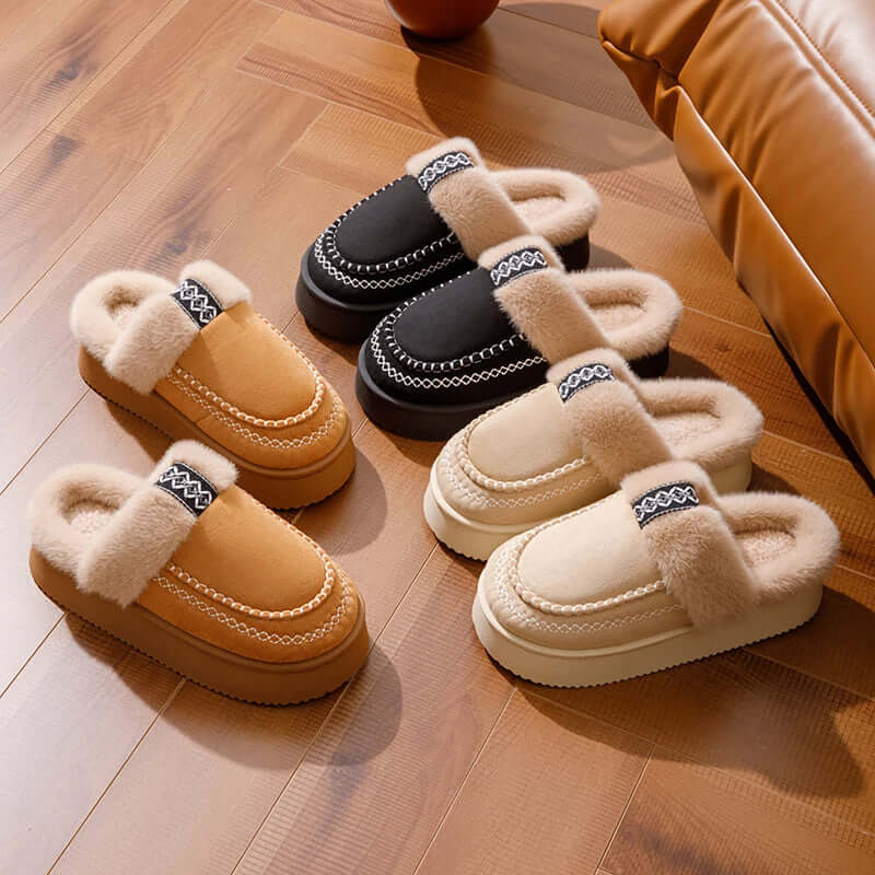 Women's fluffy slippers with a plush band, woven trim and platform sole - view 6