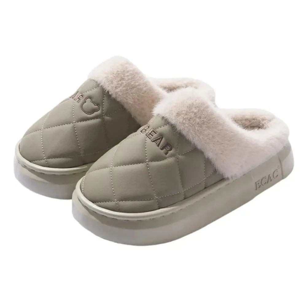Fluffy slippers with a quilted upper, plush cuff and thick sole - sage green