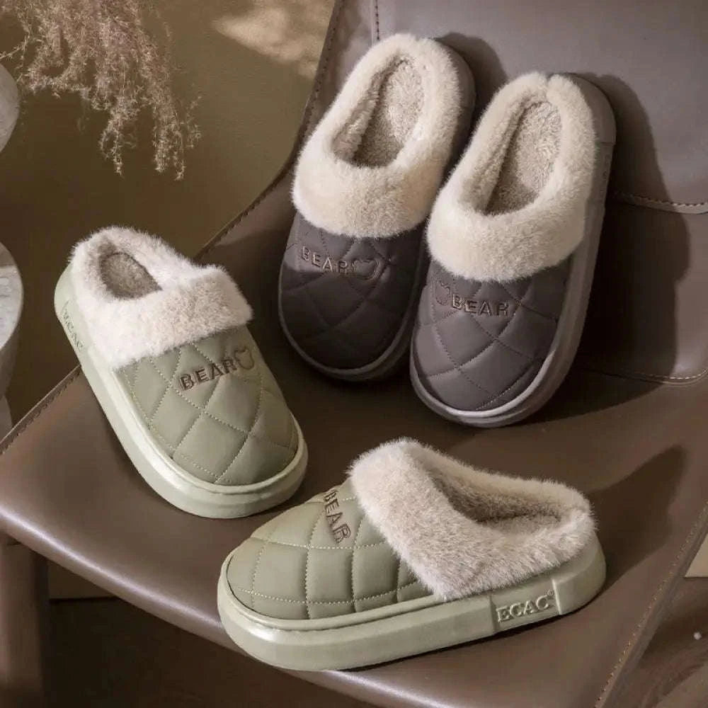 Fluffy slippers with a quilted upper, plush cuff and thick sole - view 2