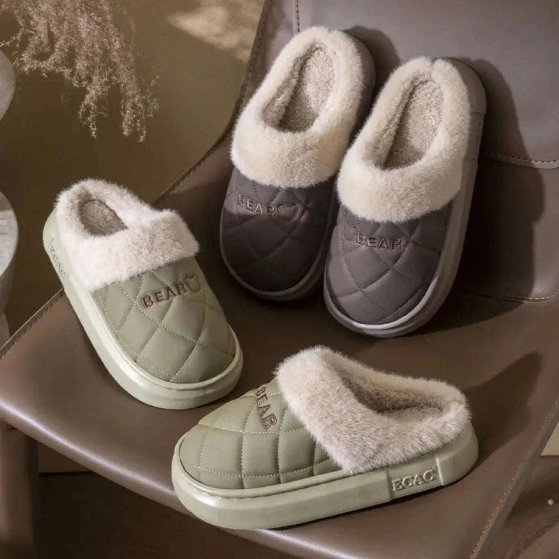Fluffy slippers with a quilted upper, plush cuff and thick sole - view 2