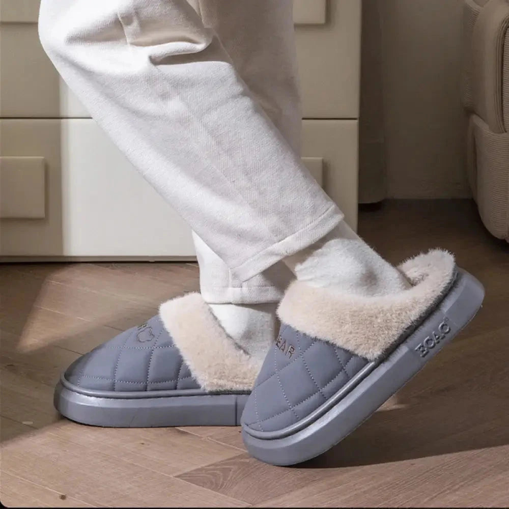Fluffy slippers with a quilted upper, plush cuff and thick sole - view 4