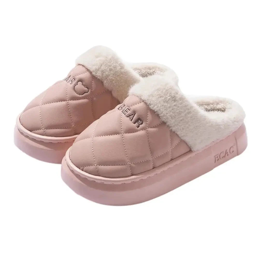 Fluffy slippers with a quilted upper, plush cuff and thick sole - pink