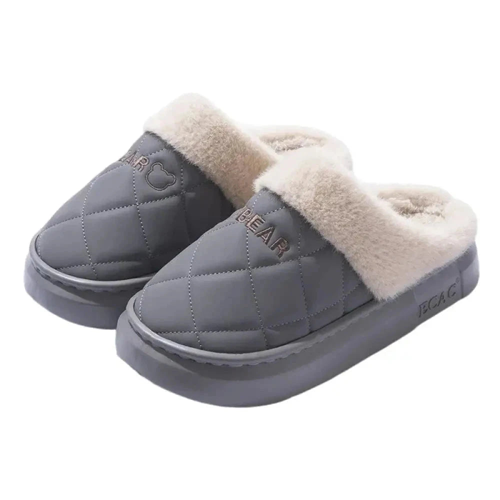 Fluffy slippers with a quilted upper, plush cuff and thick sole - blue grey