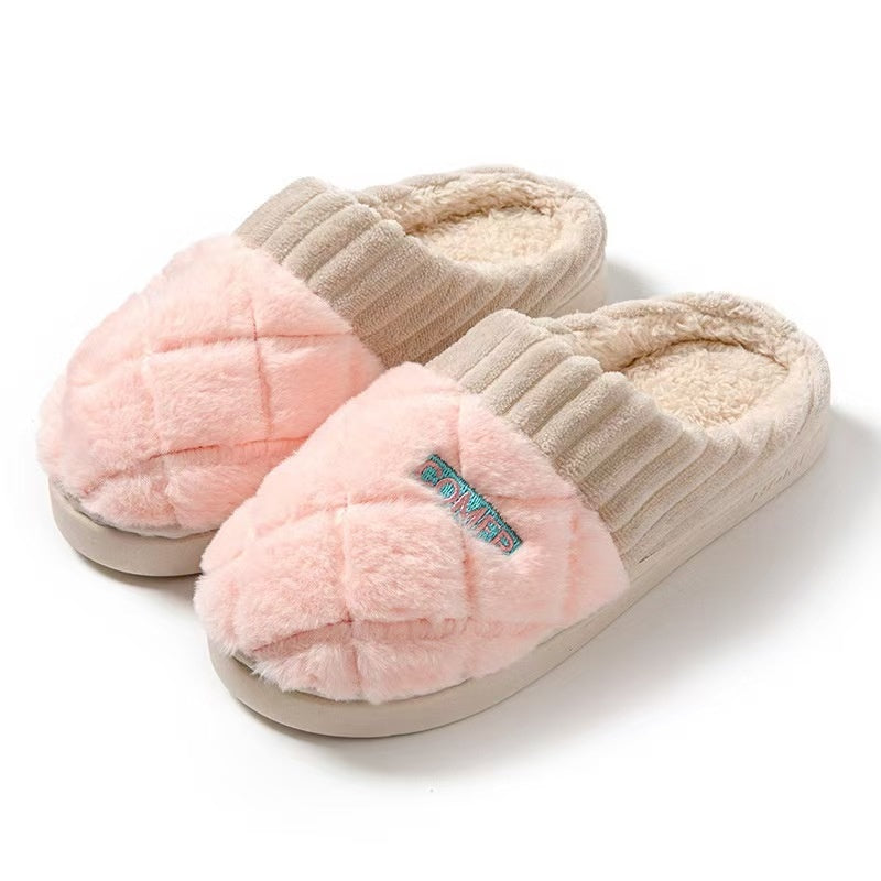Fluffy slippers for women with quilted plush toe, ribbed cuff, plush lining and thick sole - pink