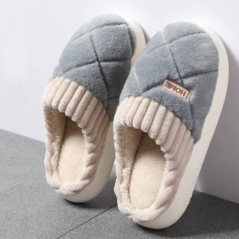 Fluffy slippers for women with quilted plush toe, ribbed cuff, plush lining and thick sole - blue grey