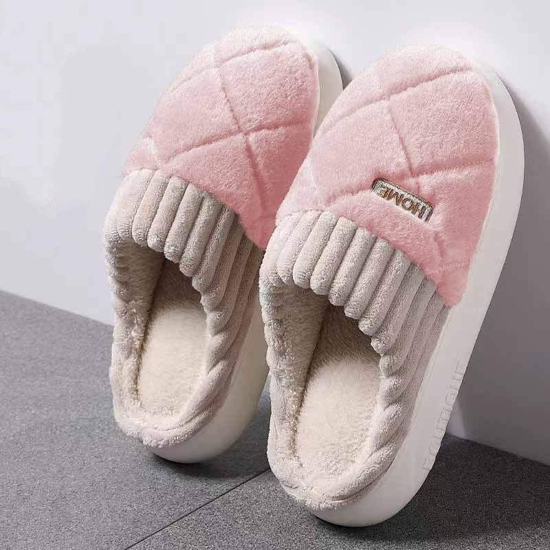 Fluffy slippers for women with quilted plush toe, ribbed cuff, plush lining and thick sole - pink/taupe