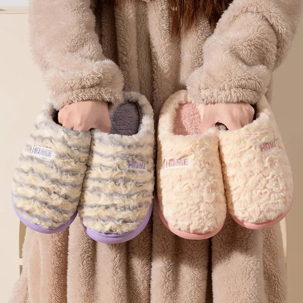 Fluffy slippers in striped plush with soft sole and open heel - view 3