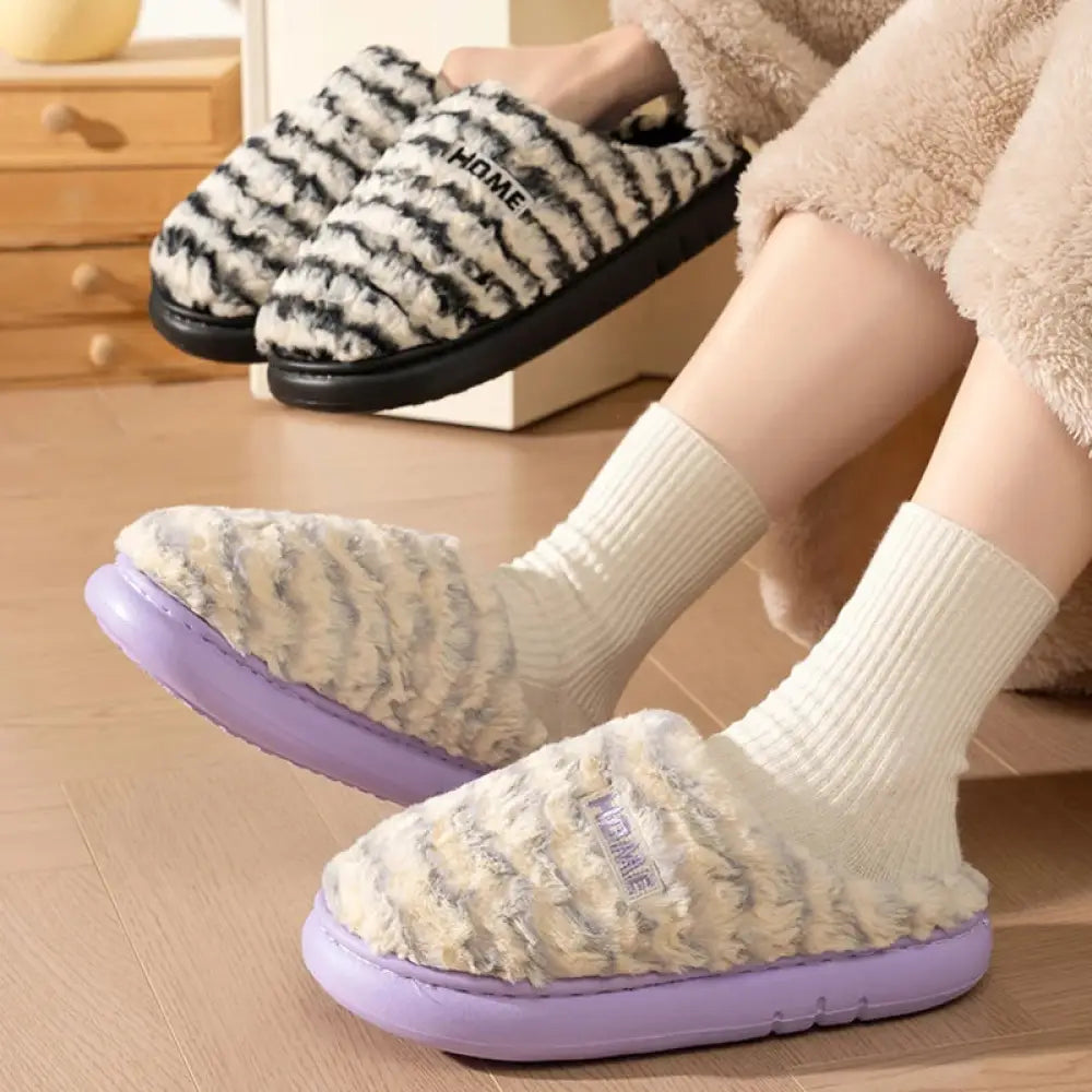 Fluffy slippers in striped plush with soft sole and open heel - view 4