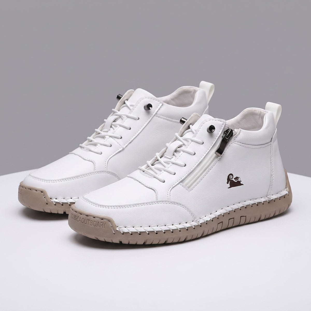 Women's high-top trainers with a side zip, laces and a non-slip sole - white