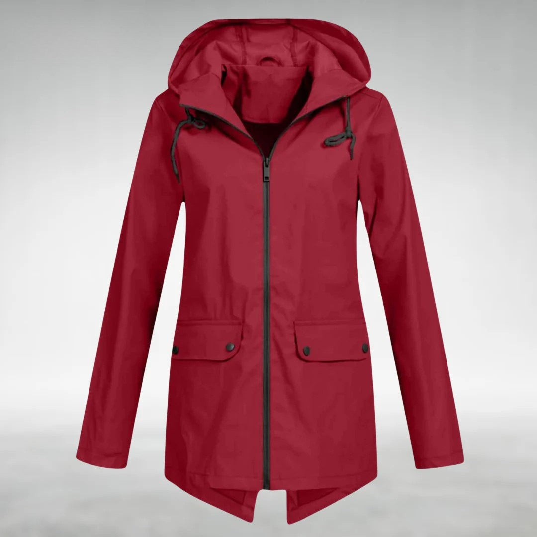 Women's hooded raincoat with flap pockets and a full zip - red