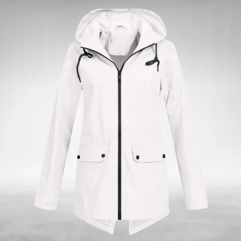 Women's hooded raincoat with flap pockets and a full zip - white