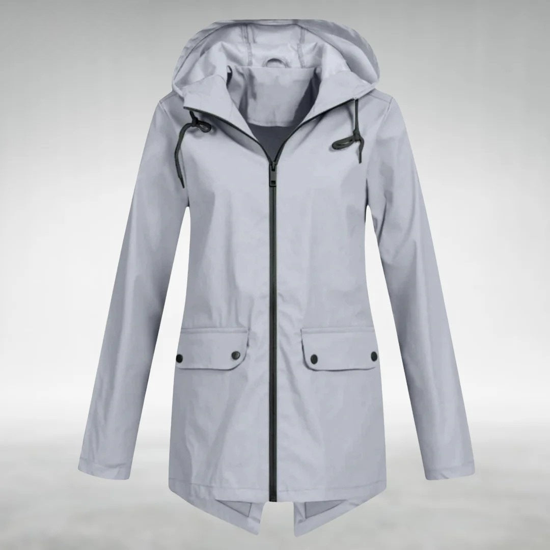 Women's hooded raincoat with flap pockets and a full zip - light grey